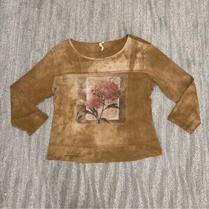 Y2K Susan Lawrence Tan Floral Graphic 3/4 Length Sleeve Top Women’s Sz L